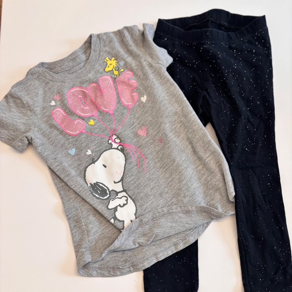 Snoopy Love‎ T-Shirt & Cat Jack Glitter Leggings Set Toddler Girls Outfit Spring